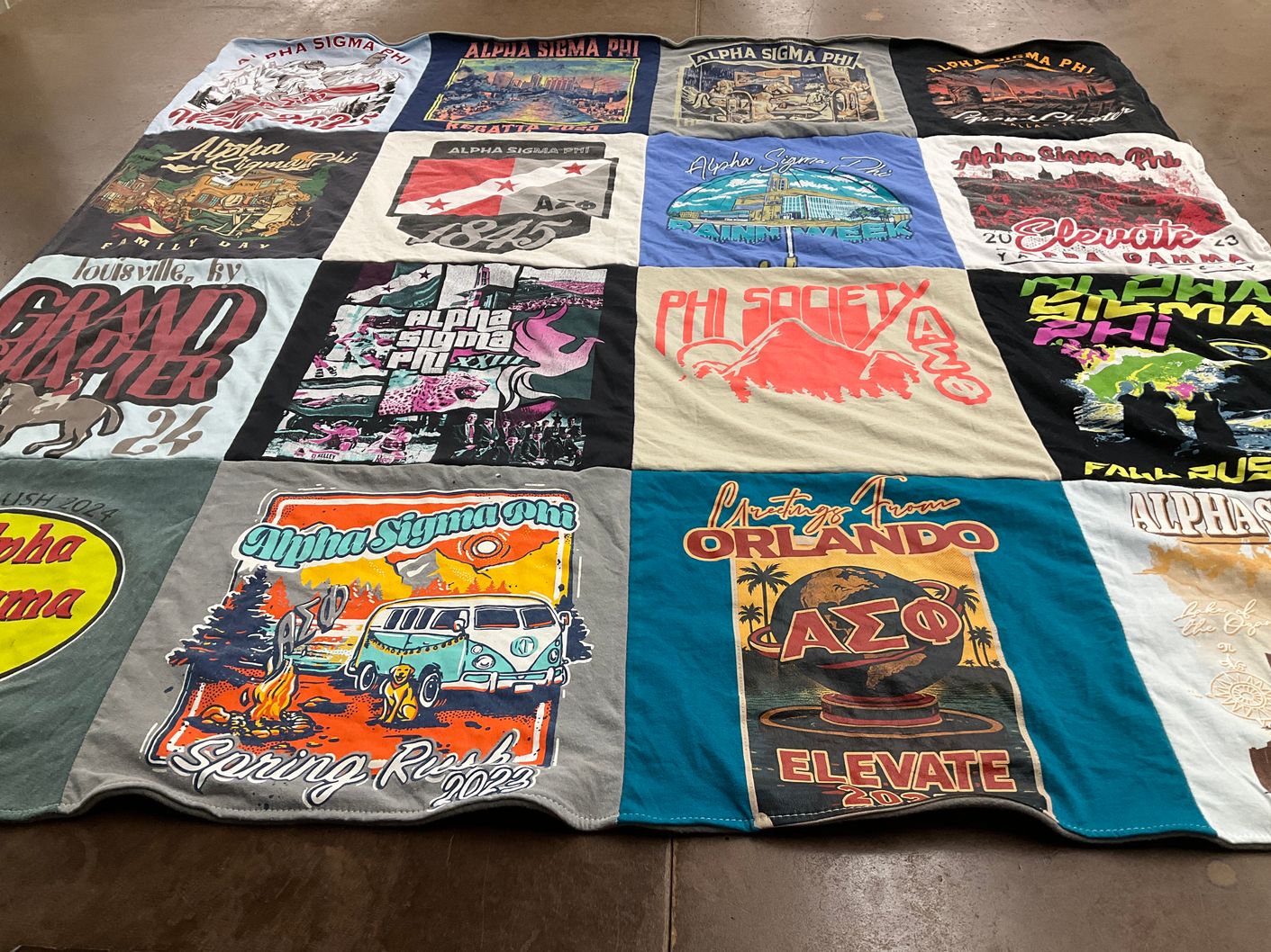 T-shirt quilt with fraternities, sororities themes by Kara from IN