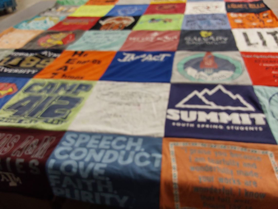 T-shirt quilt with camping, youth programs themes by Brandy from TX