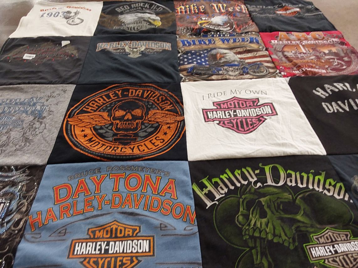 T-shirt quilt with motorcycles, biking themes by Shannon from NV