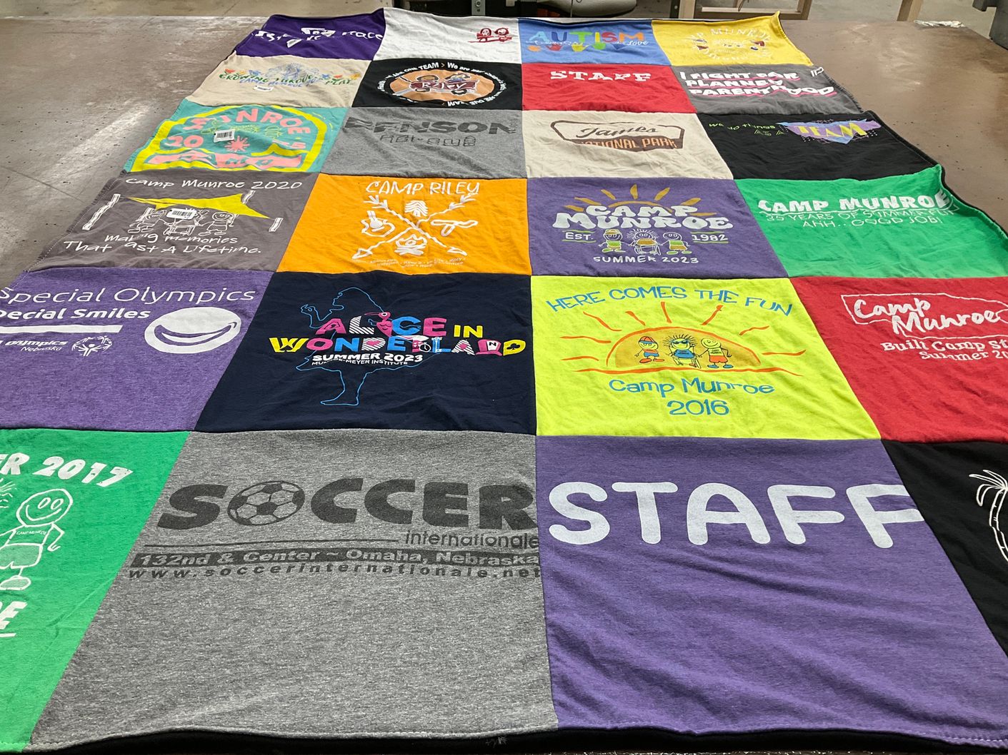 T-shirt quilt with summer camps, special needs themes by Naomi from AZ