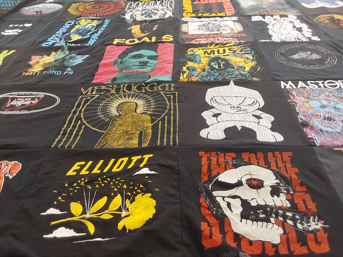 T-shirt quilt with music, bands themes by Bradford from AZ