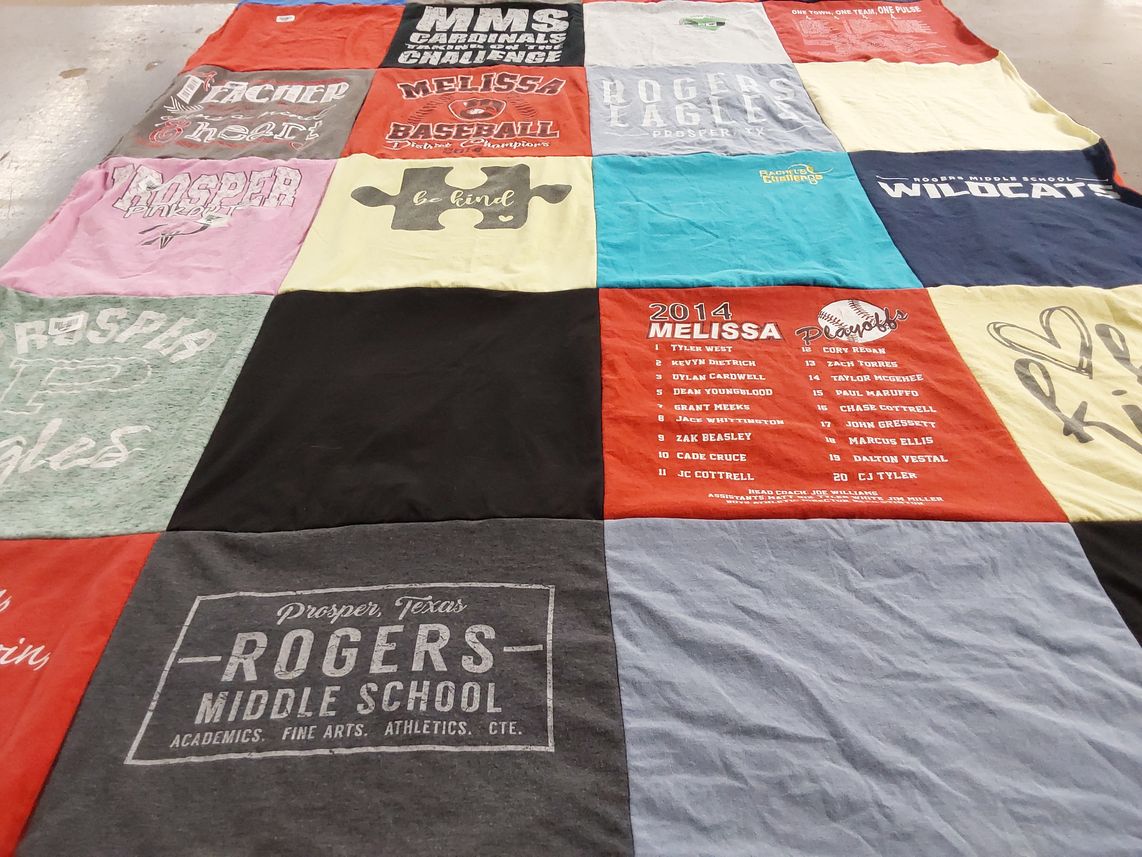 T-shirt quilt featuring prosper eagles, melissa wildcats by Michelle from TX