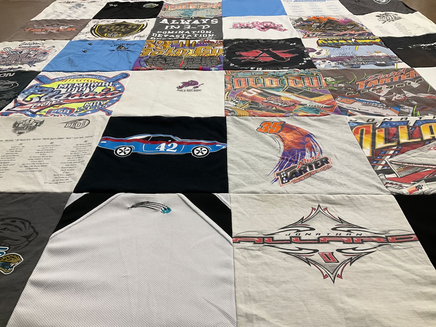 T-shirt quilt with racing, motorsports themes by Lisa from CA