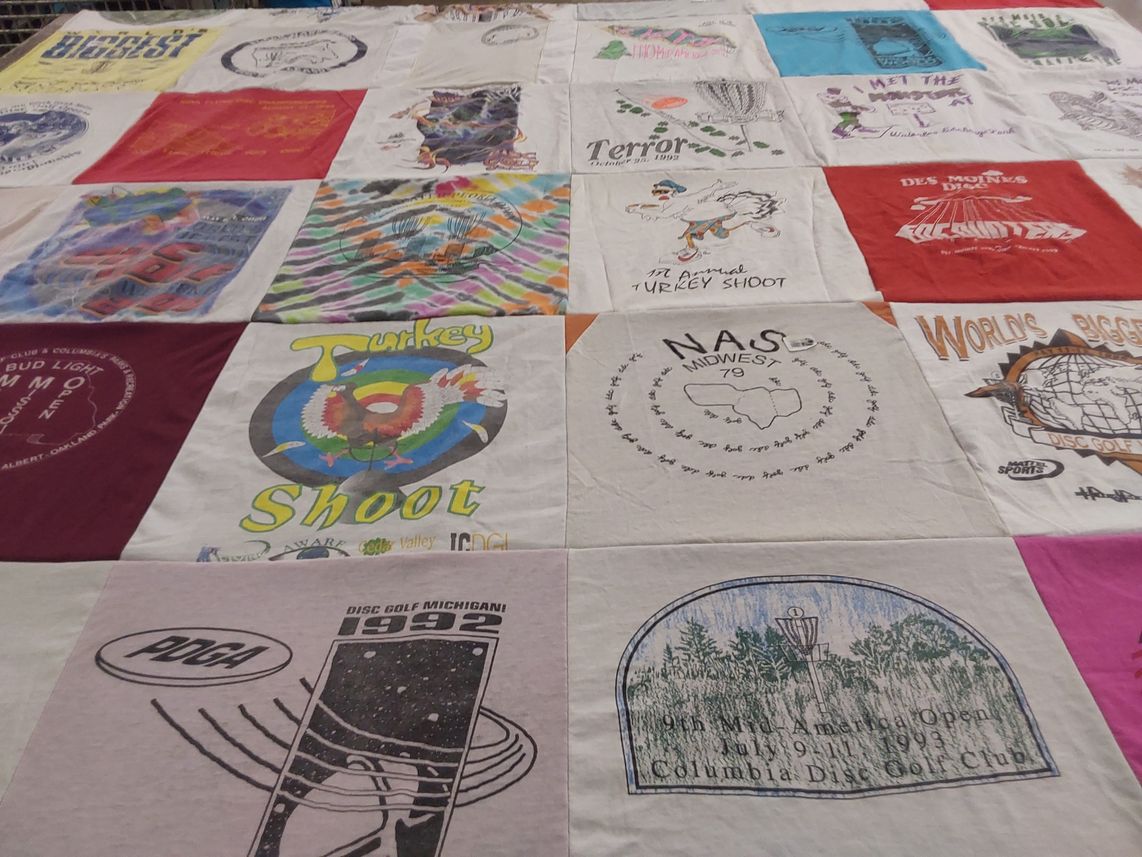 T-shirt quilt with disc golf, tournaments themes by Bob from IA