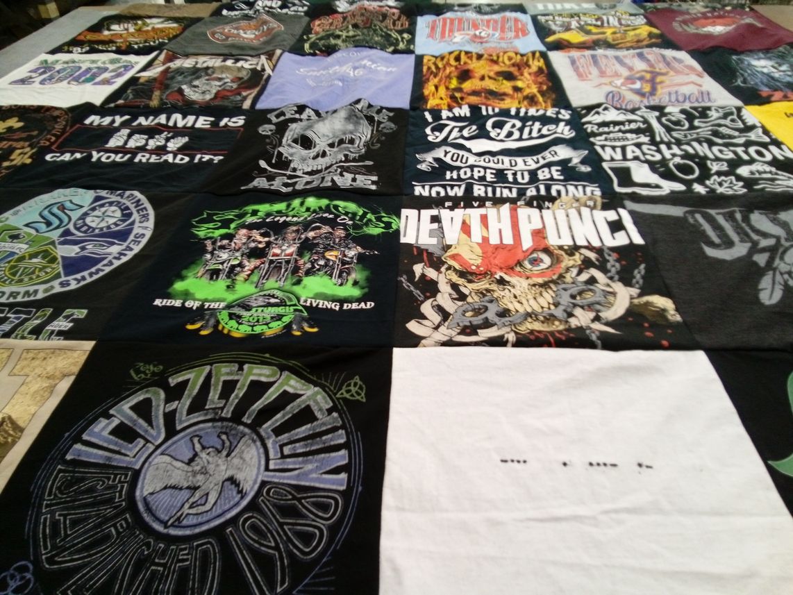 T-shirt quilt with music, heavy metal themes by Beva from WA