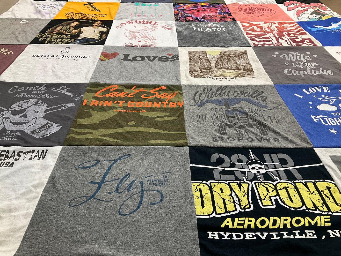 T-shirt quilt with travel, aviation themes by Nicole from NC