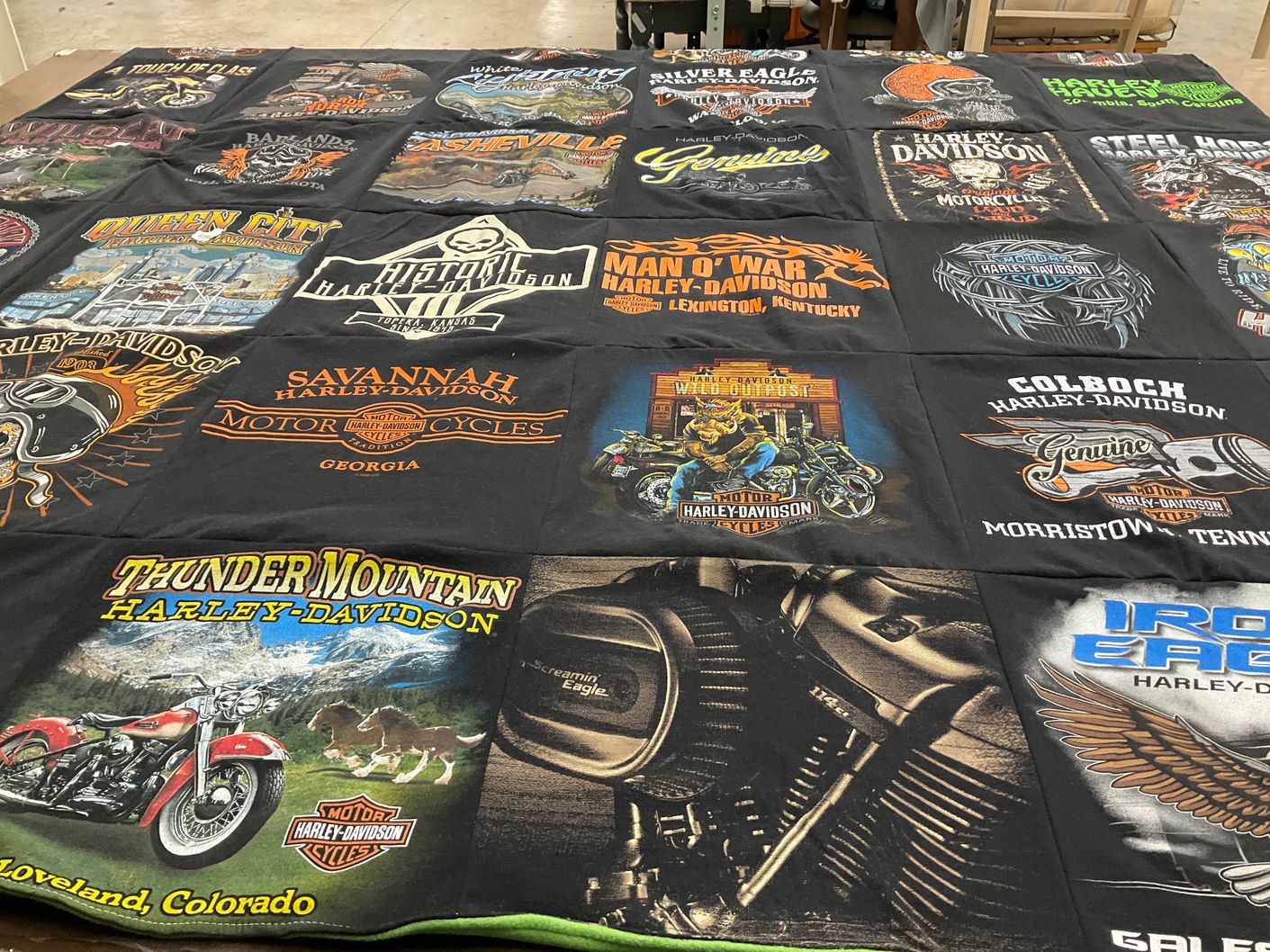 T-shirt quilt with motorcycles, biking themes by Carla from OH