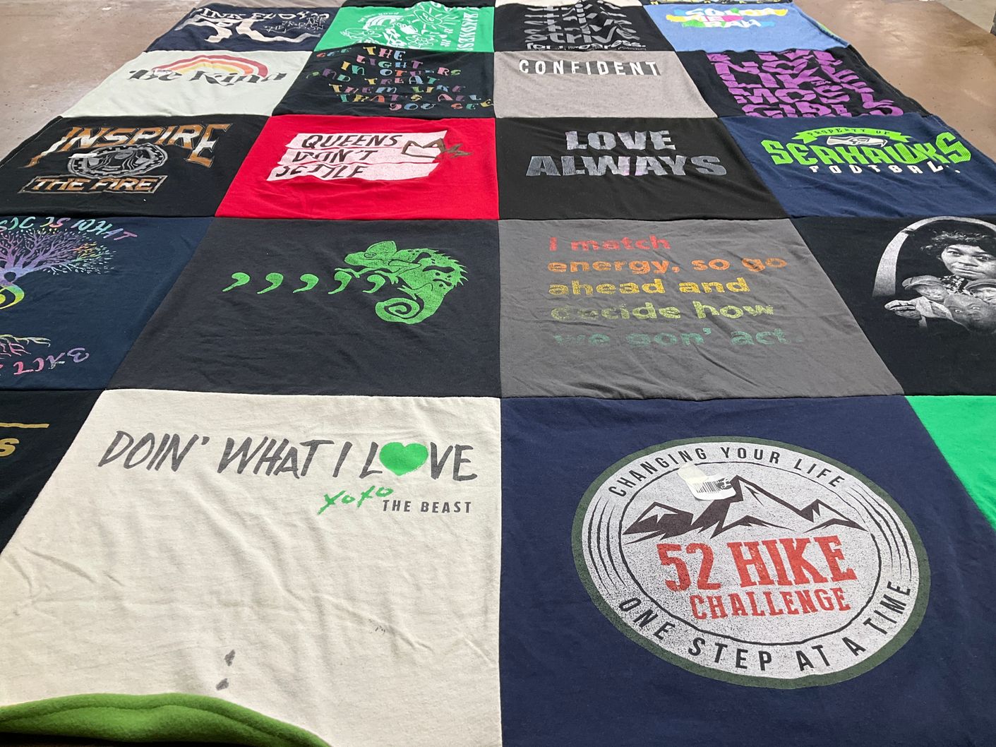 T-shirt quilt with hiking, personal growth themes by Chrystal from NC
