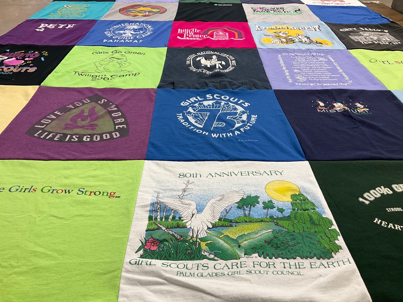 T-shirt quilt with girl scouts, camping themes by Beth from MO