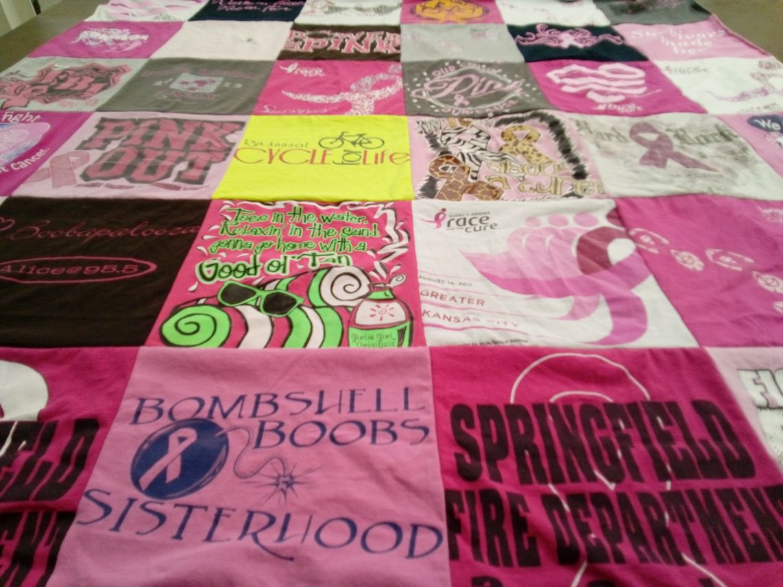 T-shirt quilt with breast cancer awareness, cycling themes by Shelly from MO