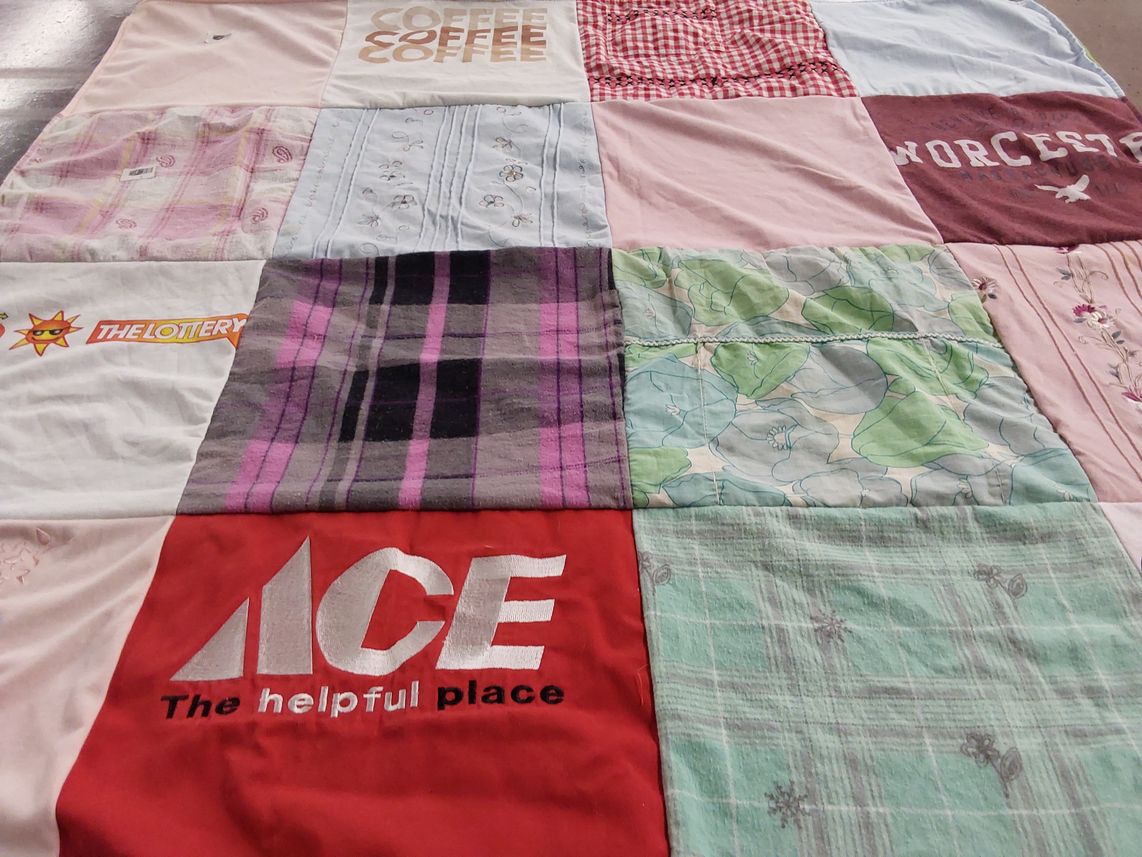 T-shirt quilt with lottery, coffee themes by Tina from MA
