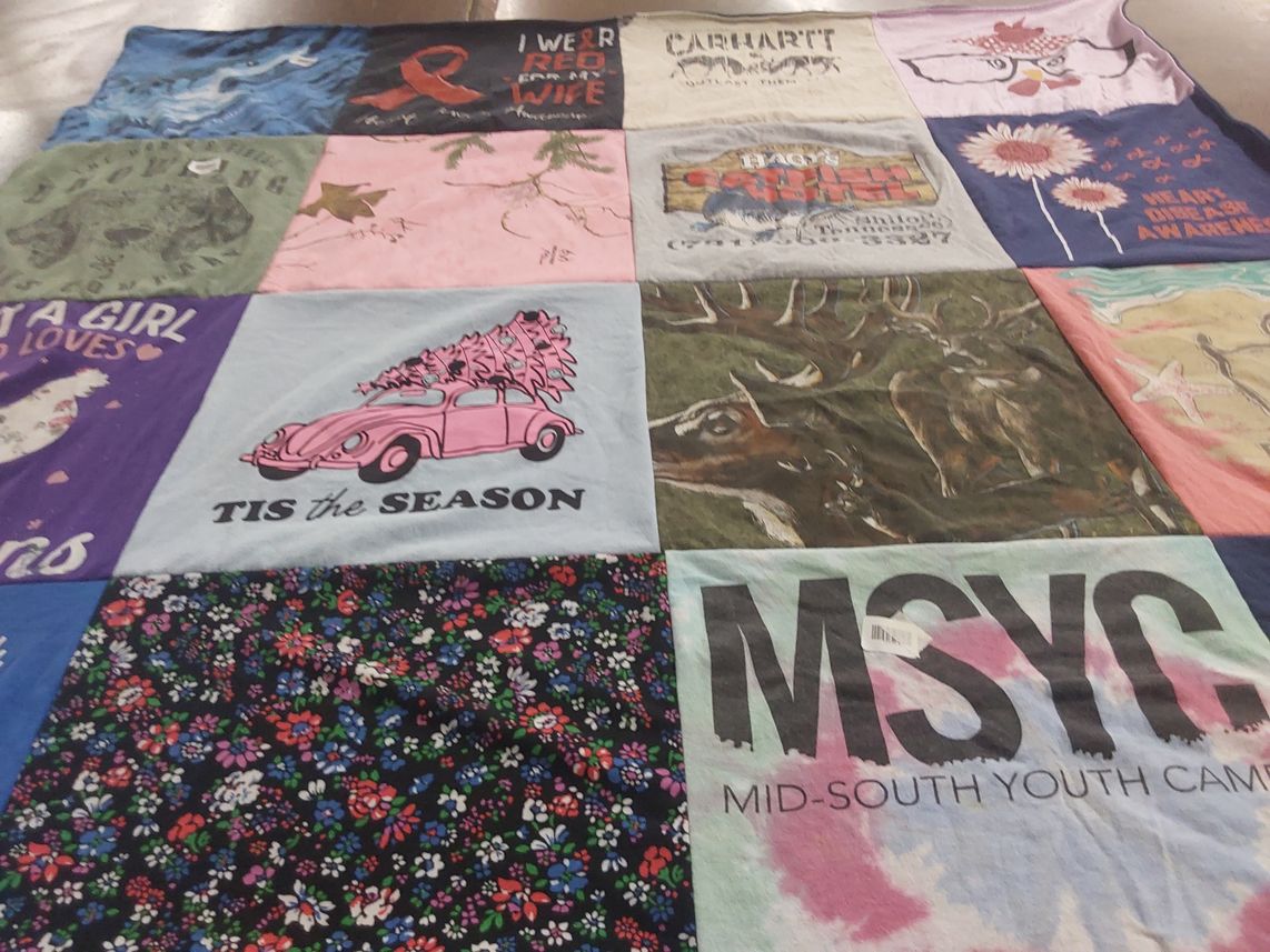 T-shirt quilt with hunting, camping themes by Alison from TN