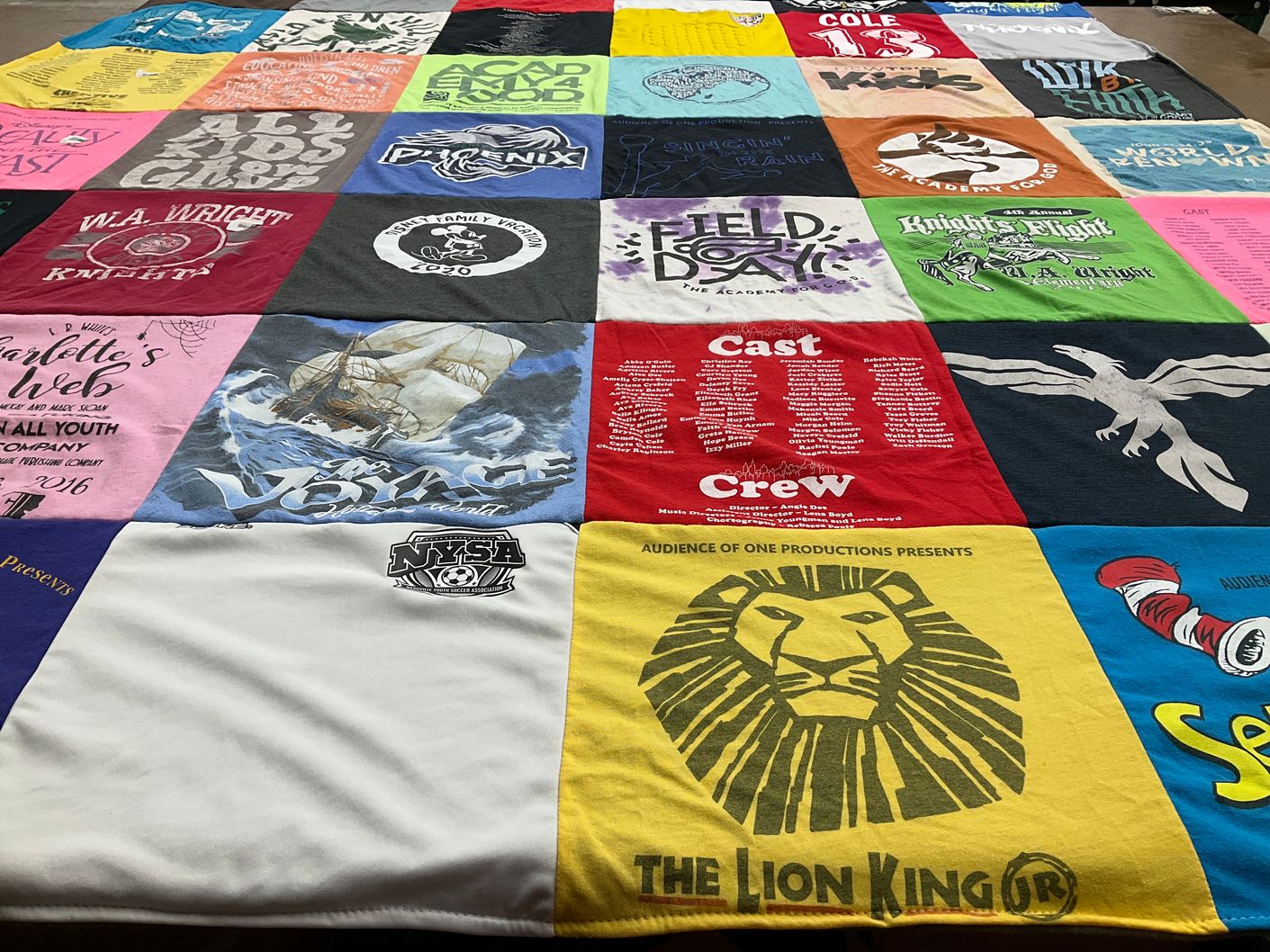 T-shirt quilt with theater, performing arts themes by Trinda from TN