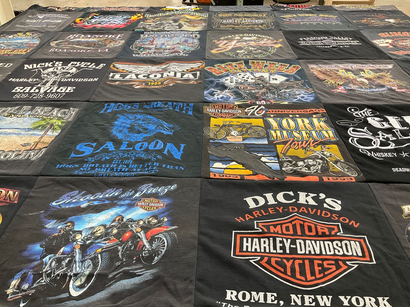 T-shirt quilt with motorcycles, biking themes by Phyllis from NJ