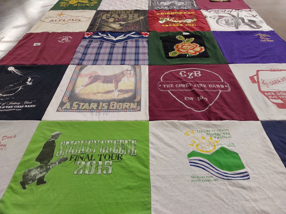 T-shirt quilt with music, bluegrass themes by Patricia from NY