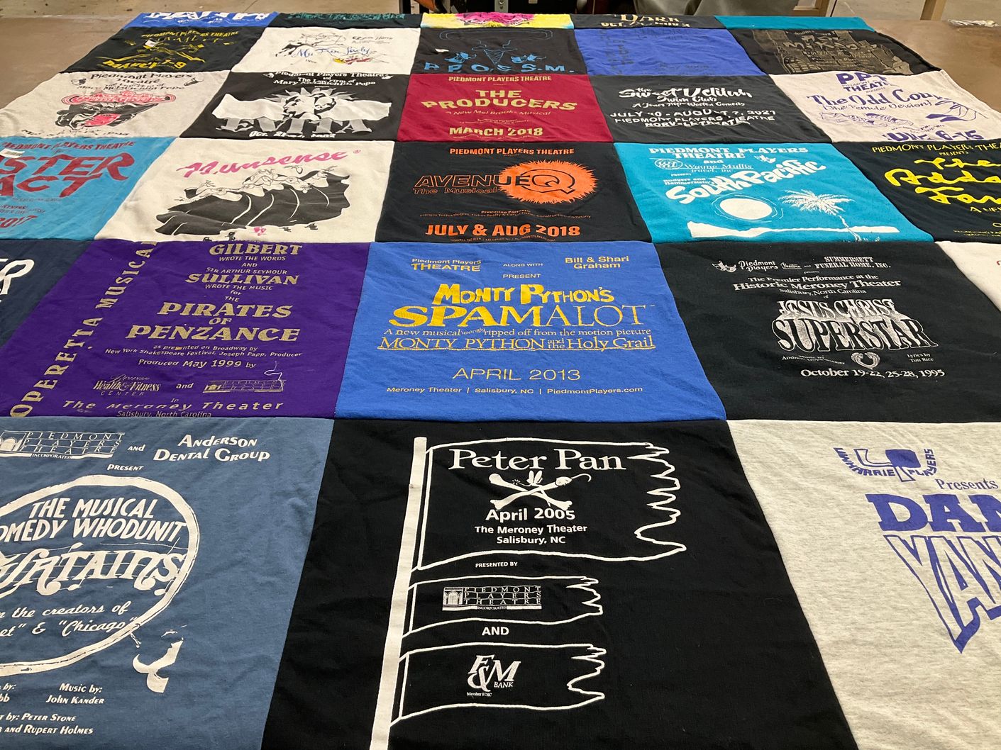 T-shirt quilt with theater, musicals themes by Winnie from NC