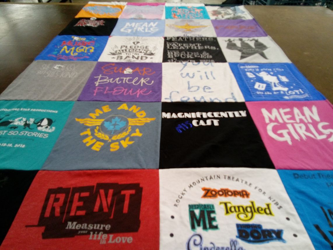 T-shirt quilt with theater, musicals themes by Glenn from MO