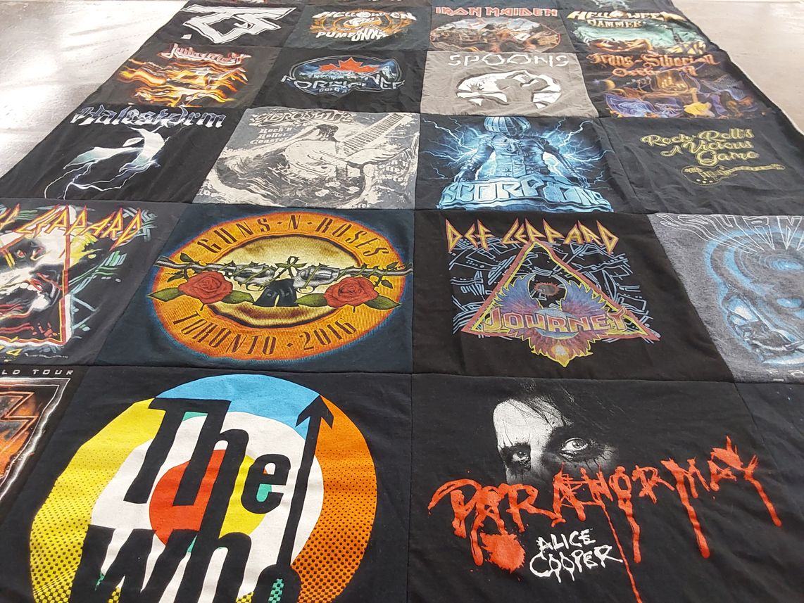 T-shirt quilt with rock, music themes by Kevin from ON