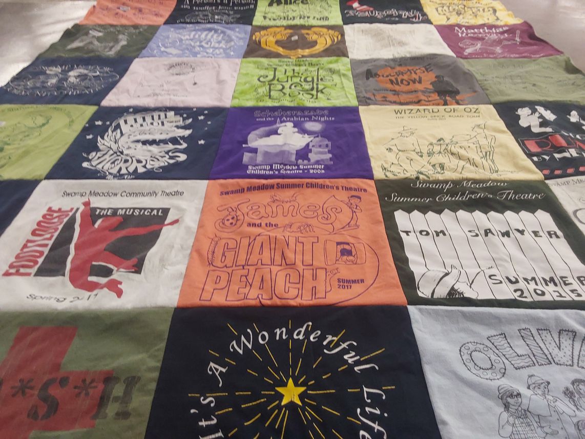 T-shirt quilt with theatre, musicals themes by Laura from DE