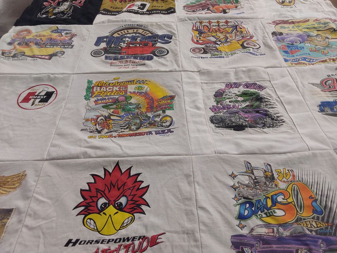 T-shirt quilt with cars, motorsports themes by Angie from WI