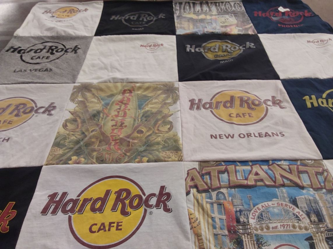 T-shirt quilt with music, restaurant culture themes by Elizabeth from WA