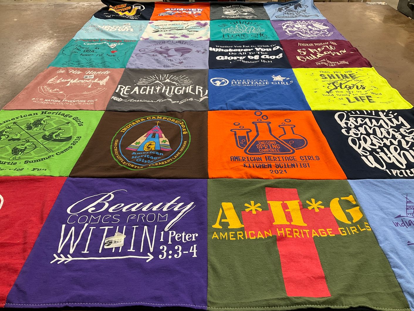 T-shirt quilt with camping, science themes by Carissa from IN