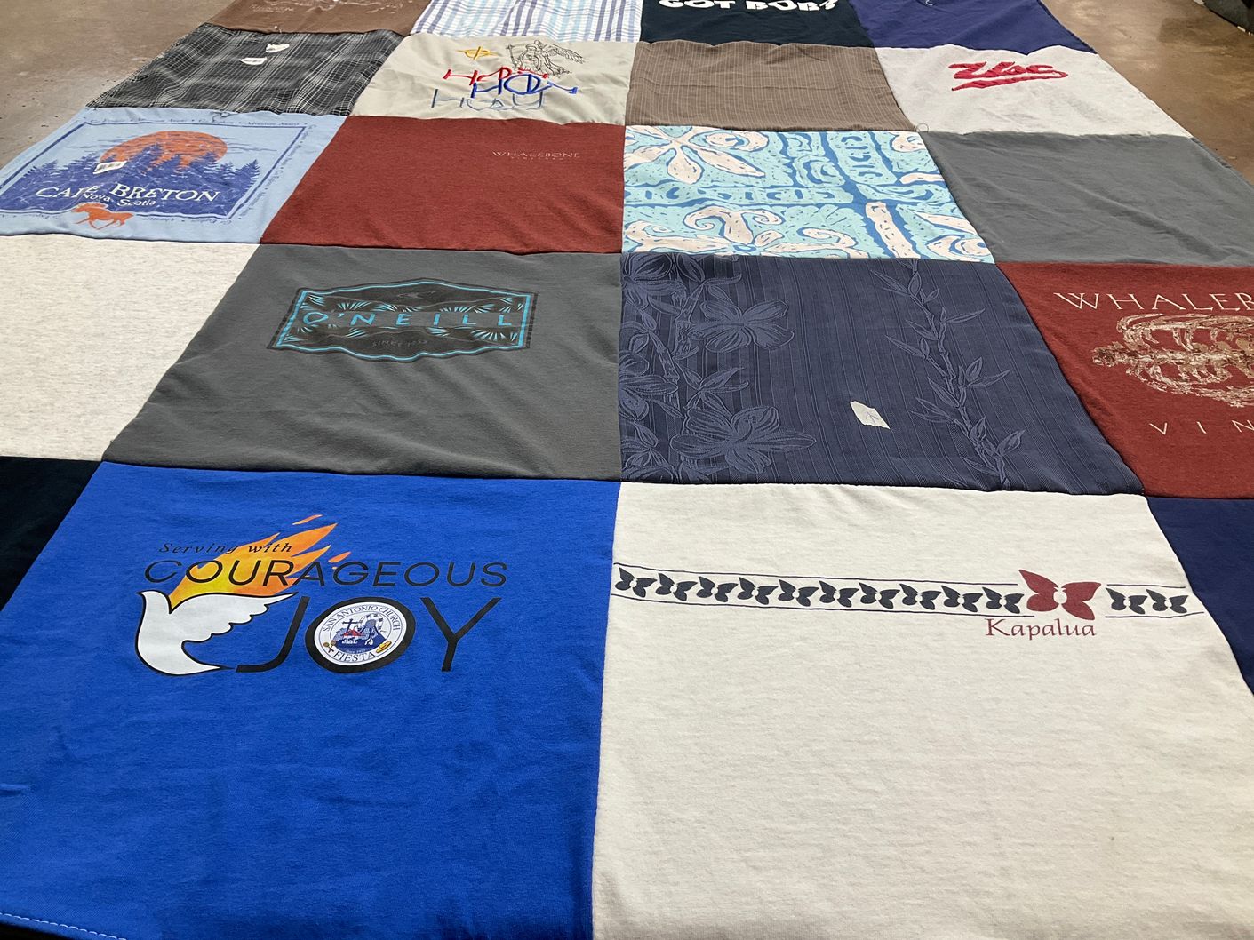 T-shirt quilt with outdoor activities, surfing themes by Cynthia from CA