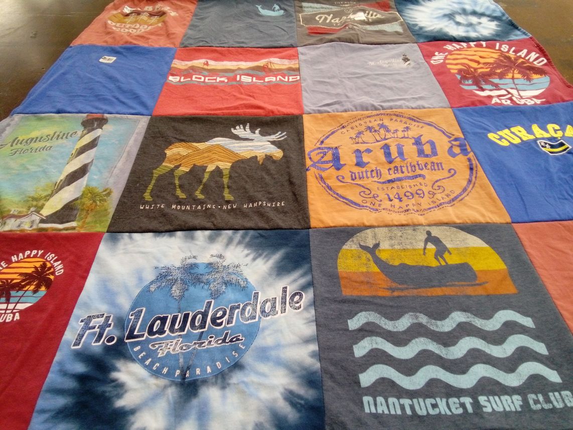T-shirt quilt with travel, beaches themes by Holly from MA