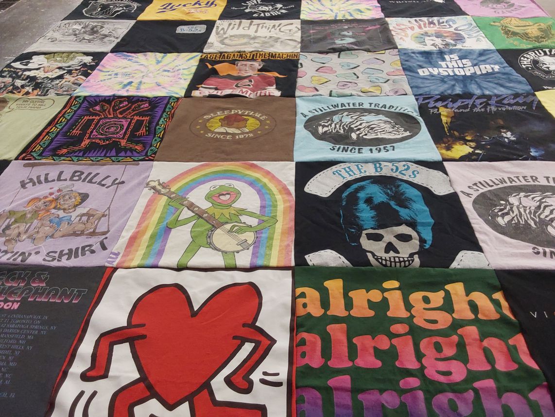 T-shirt quilt with music, art themes by Anjanette from CO