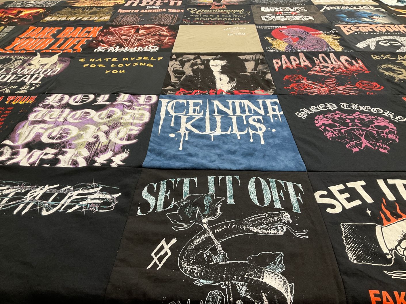 T-shirt quilt with music, concerts themes by Erin from WA