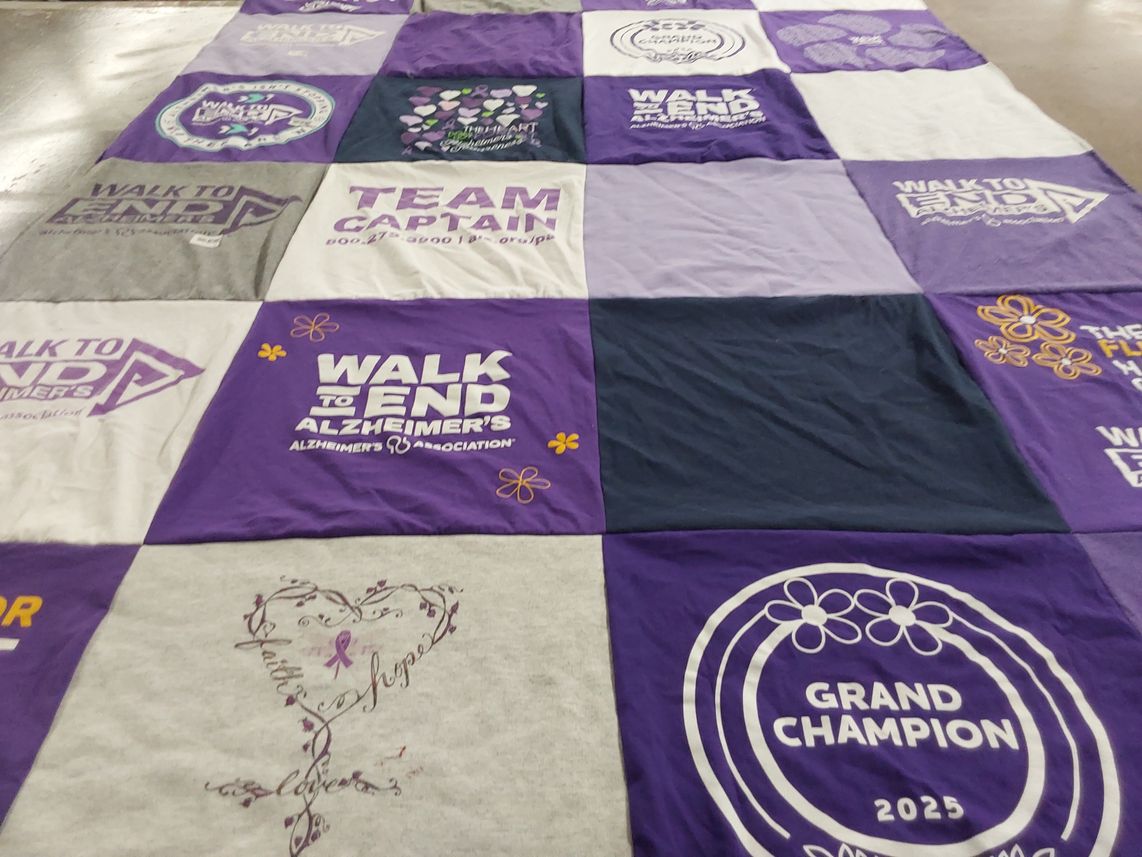 T-shirt quilt with alzheimer's awareness, charity themes by CONNIE from PA