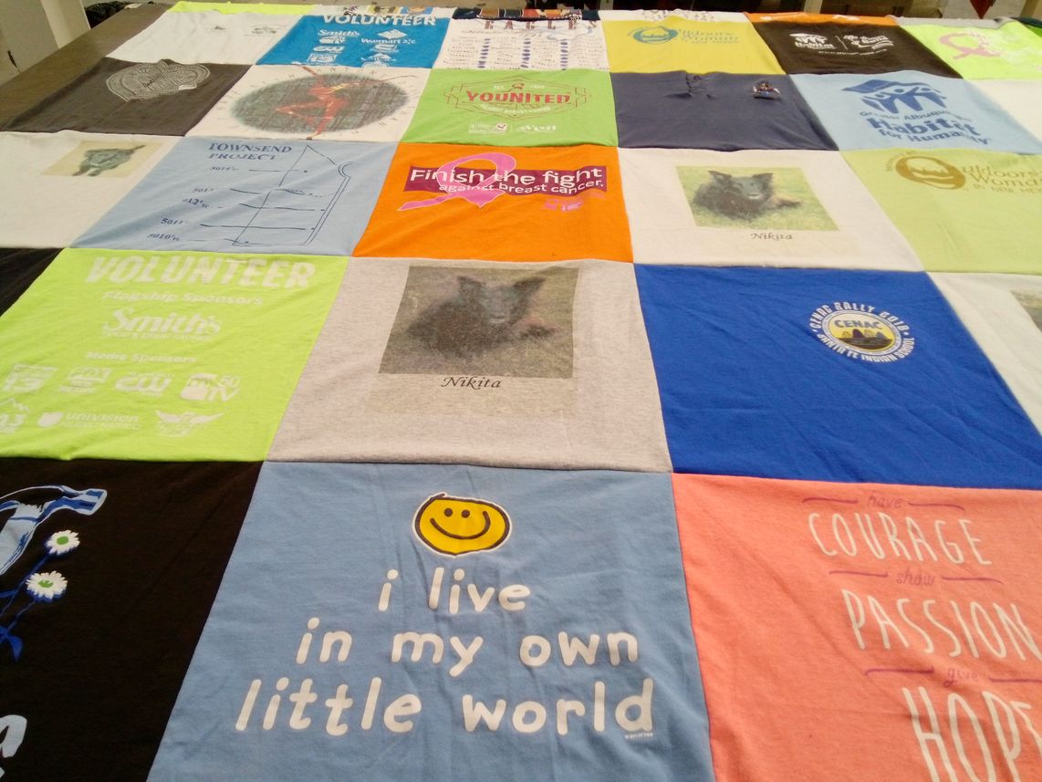 T-shirt quilt with community service, volunteering themes by Audrey from NM