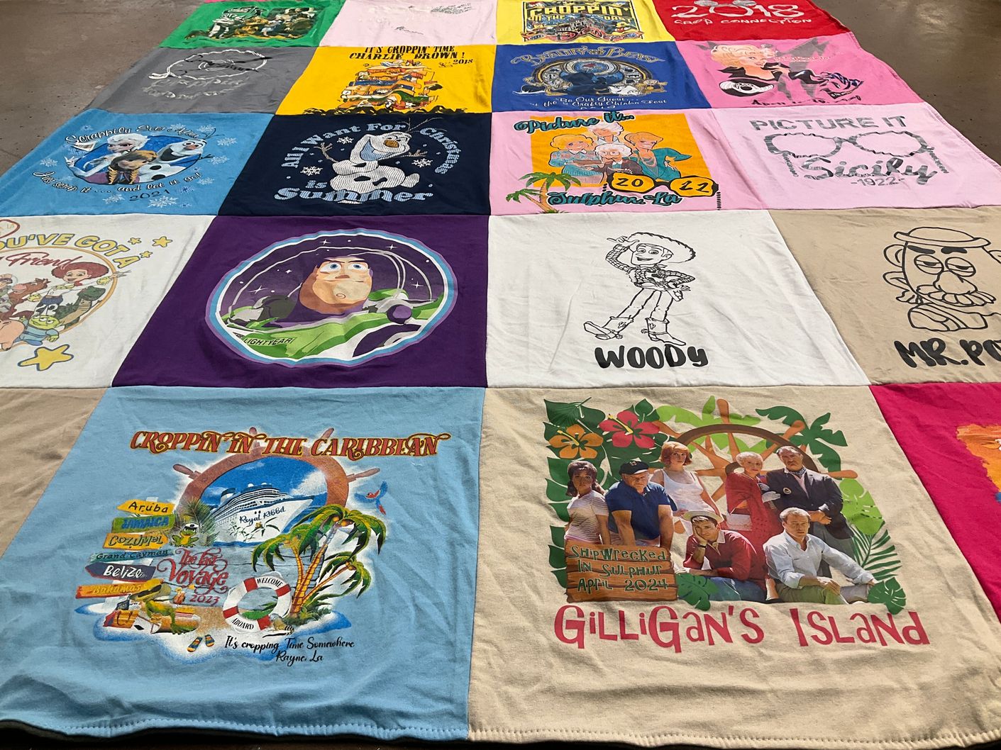 T-shirt quilt with disney, cartoons themes by Gabriella from LA