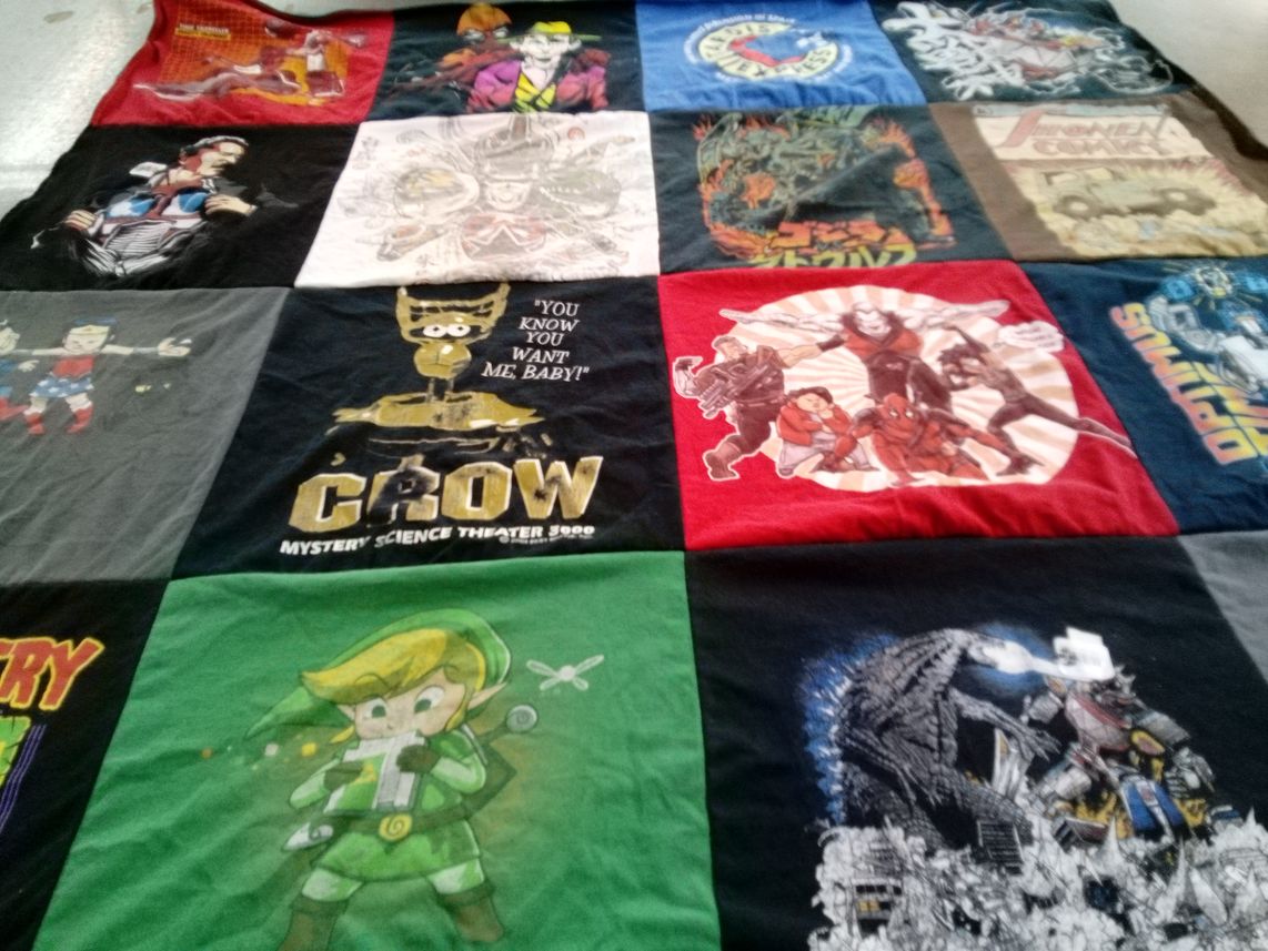 T-shirt quilt with comics, robots themes by Kyle from NE
