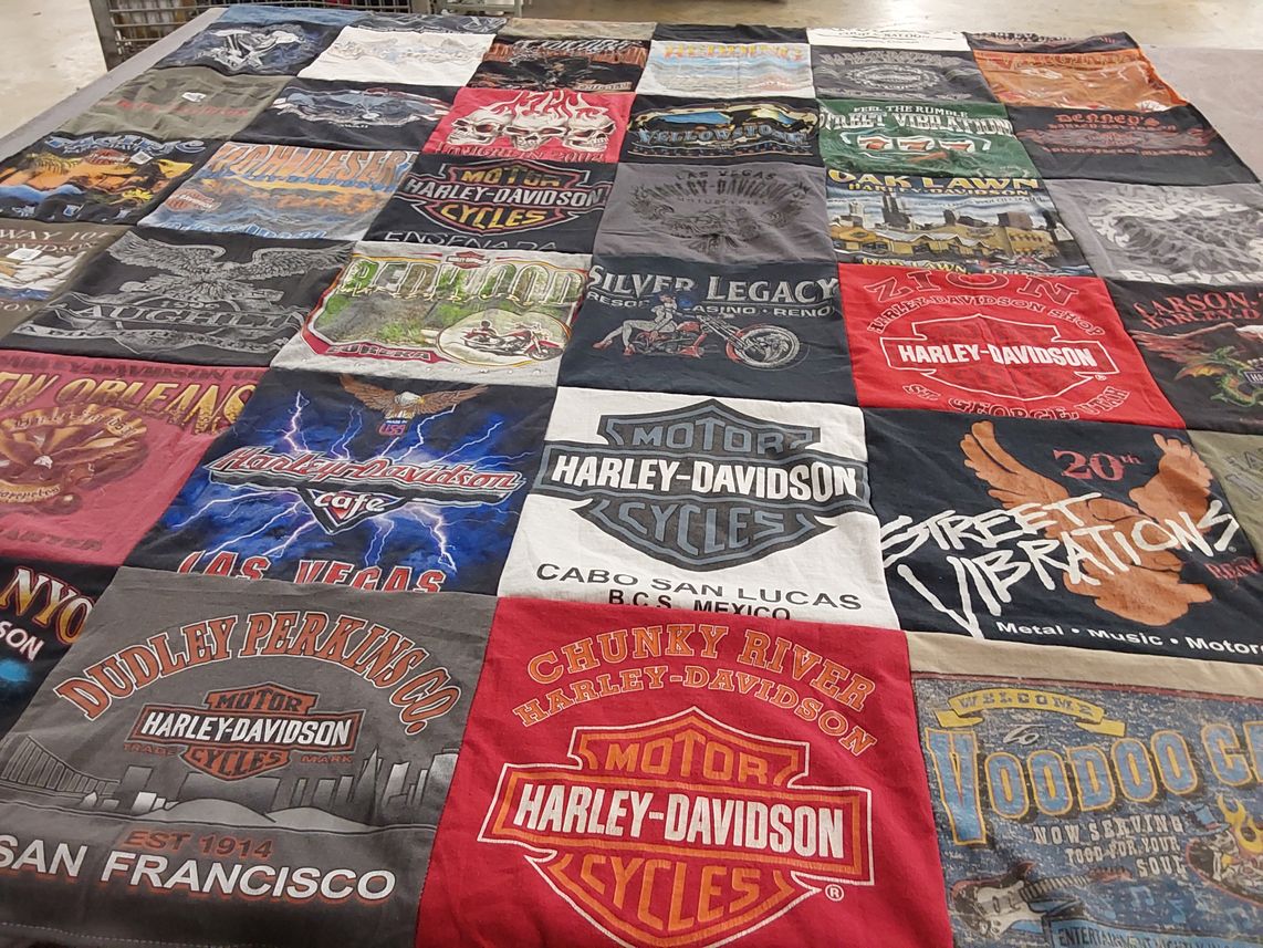 T-shirt quilt with motorcycles, biking themes by Juan from CA