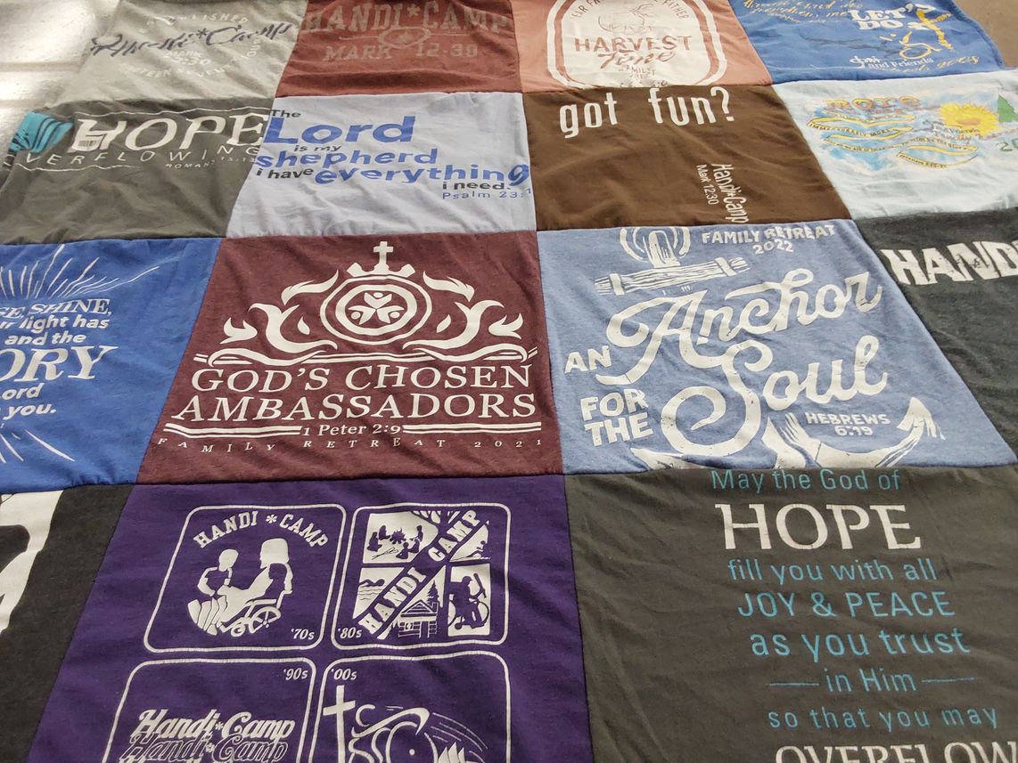 T-shirt quilt with camping, youth events themes by Tamara from PA