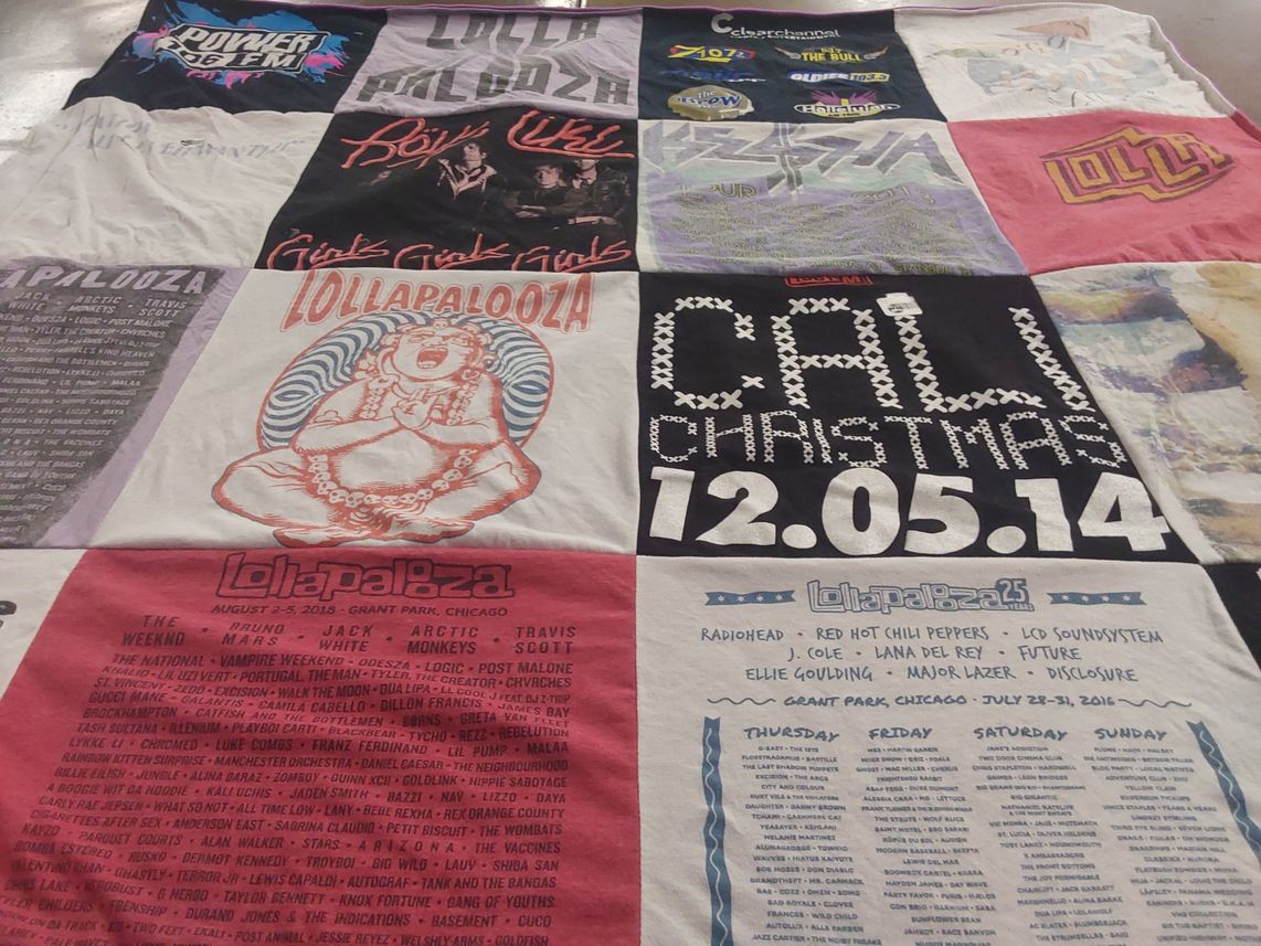 T-shirt quilt with music festivals, concerts themes by Luree from VA