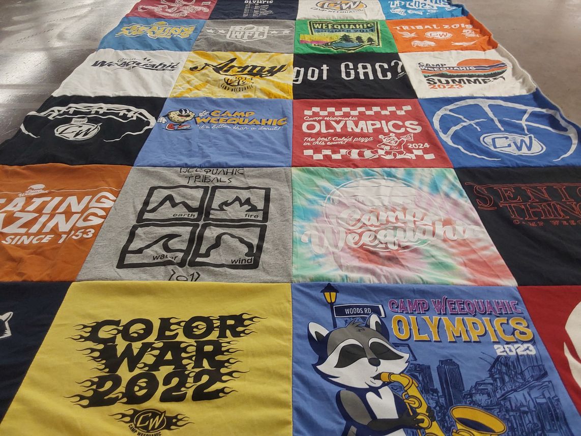 T-shirt quilt with camping, outdoor activities themes by kate from PA