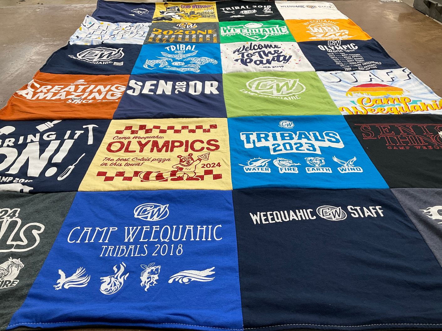 T-shirt quilt with camping, youth activities themes by kate from PA