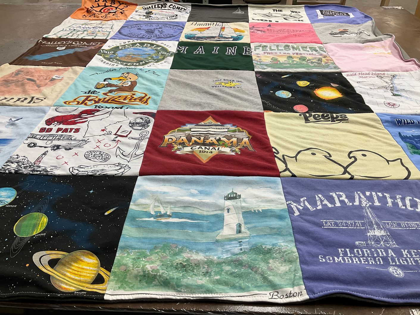 T-shirt quilt with travel, marine life themes by Margaret from FL