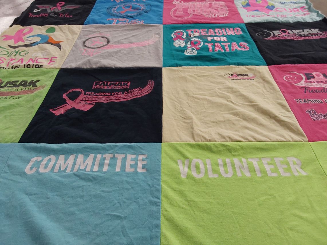 T-shirt quilt with breast cancer awareness, fundraising themes by DIANE from AL