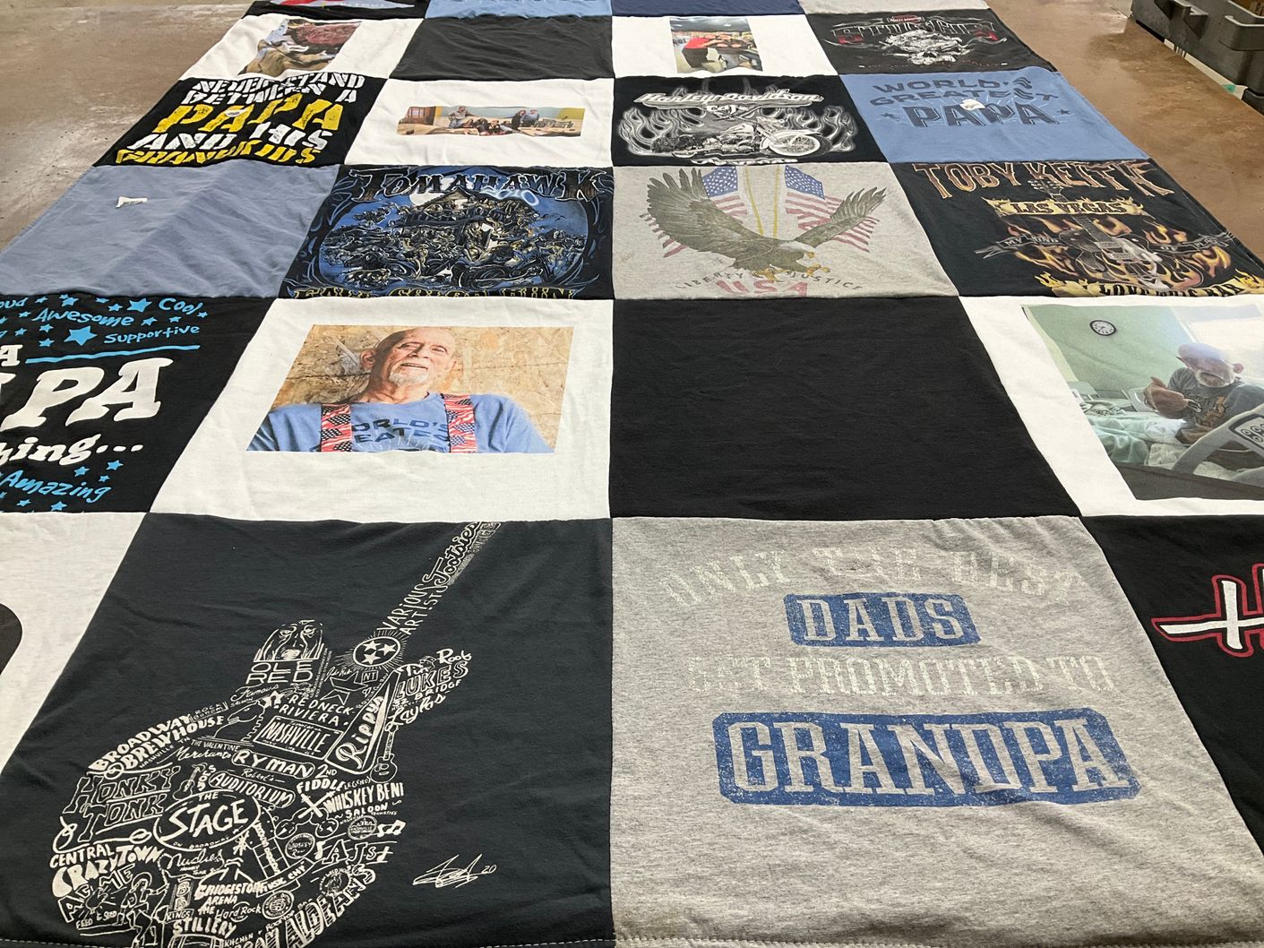 T-shirt quilt with family, fatherhood themes by Pam from WI
