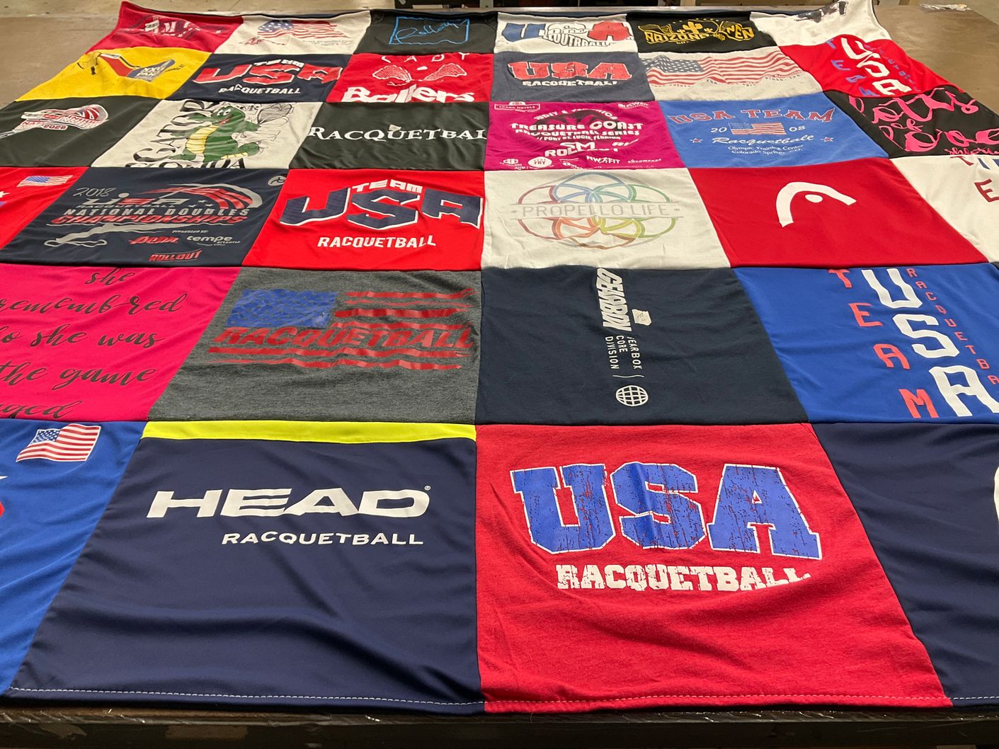 T-shirt quilt with racquetball themes by Sheryl from FL