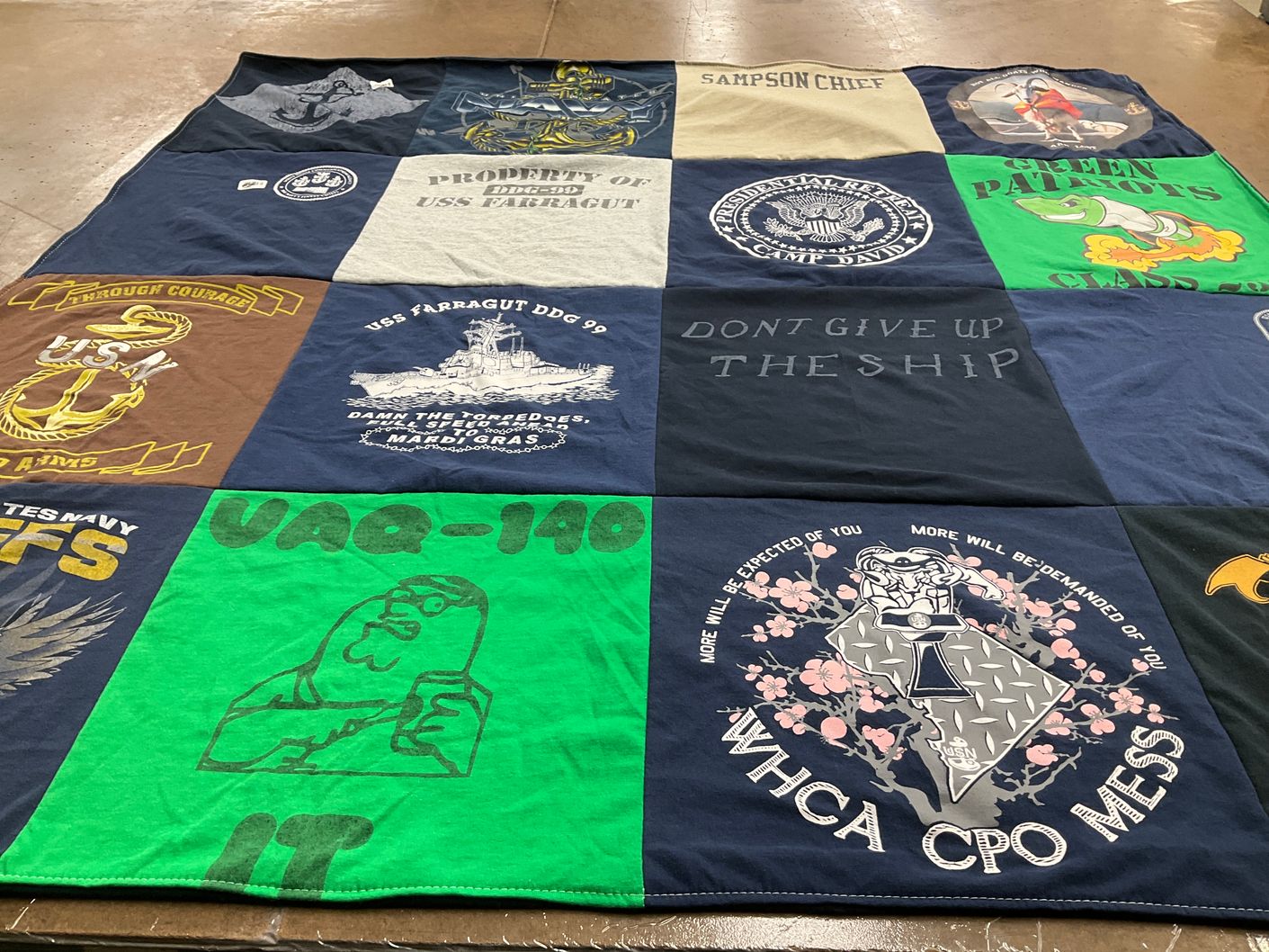 T-shirt quilt with military, navy themes by Ellen from KY