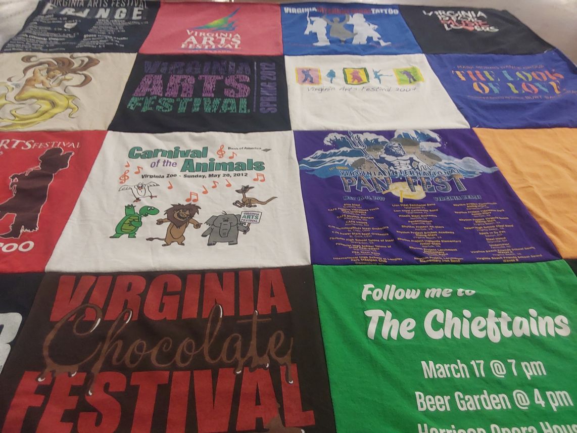 T-shirt quilt with arts, culture themes by Kari from VA