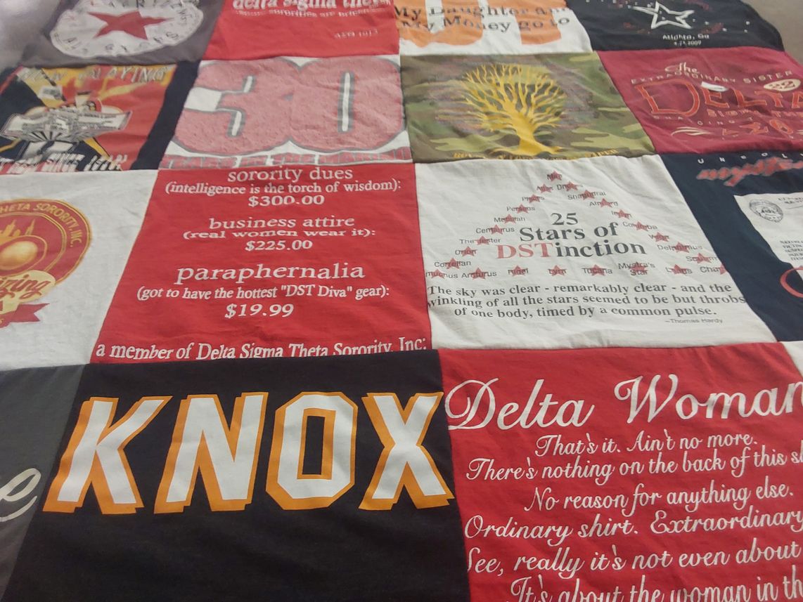 T-shirt quilt with sorority life, sisterhood themes by Jocelyn from TN