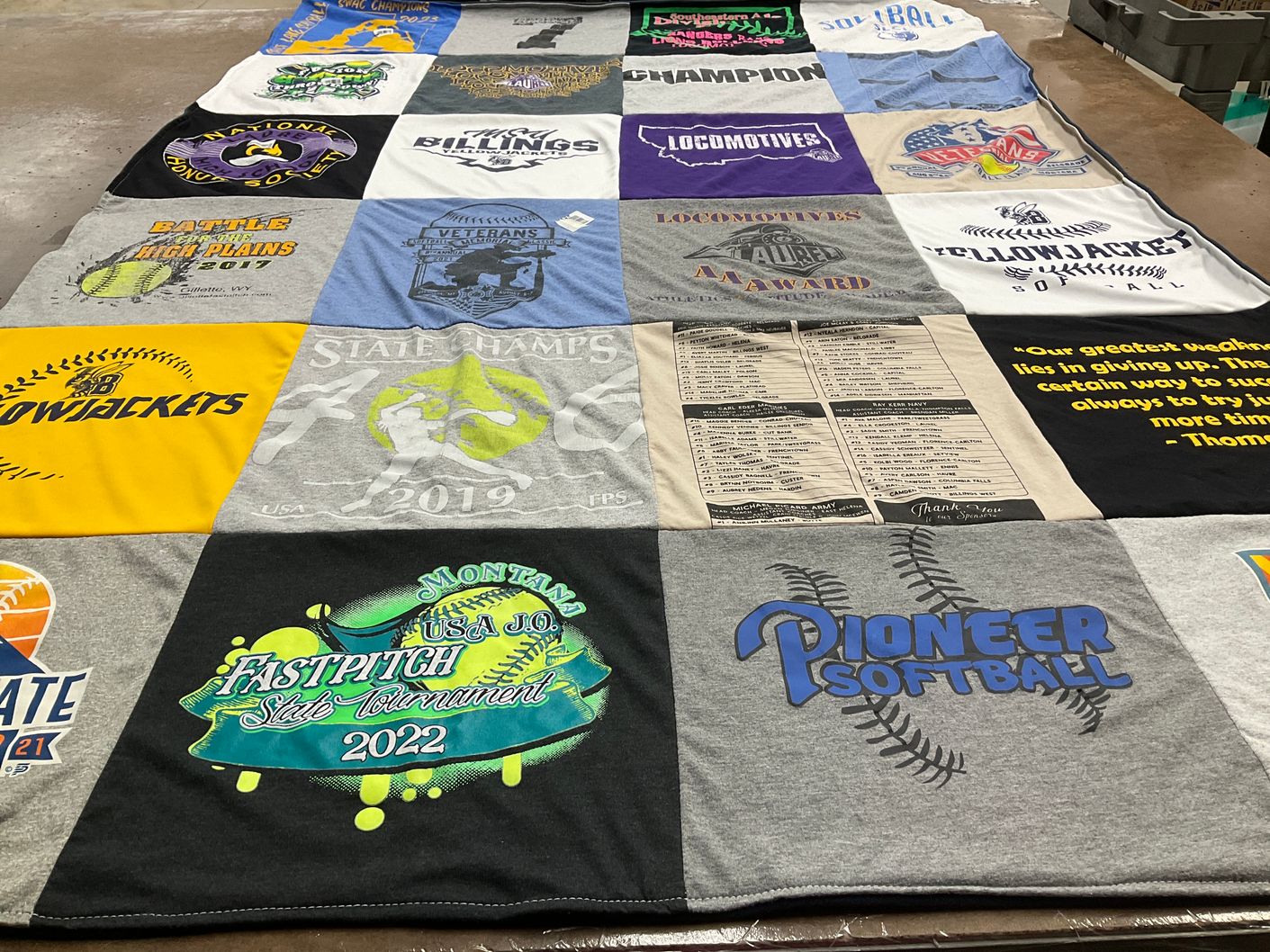 T-shirt quilt featuring pioneer softball by Ava from MT