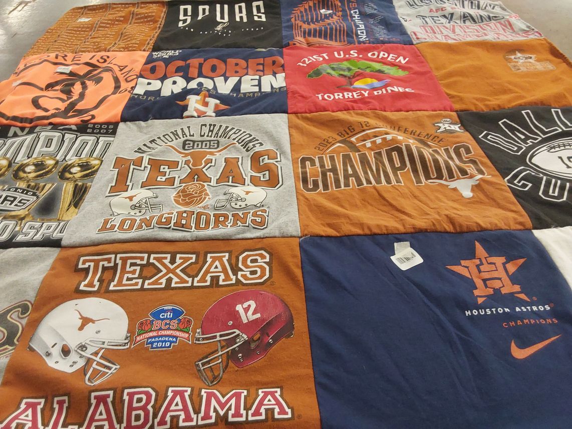 T-shirt quilt featuring university of texas at austin longhorns, university of alabama football by Carla from TX