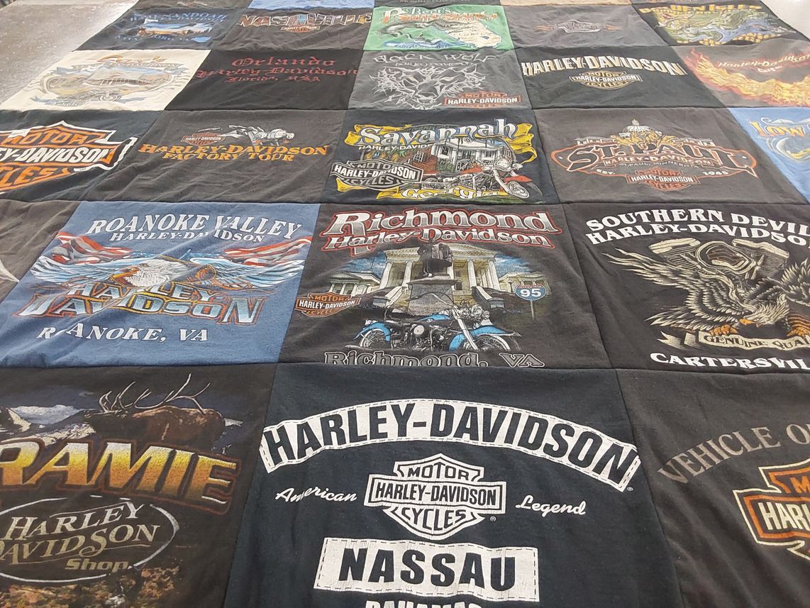 T-shirt quilt with motorcycles, biking themes by Sherry from VA
