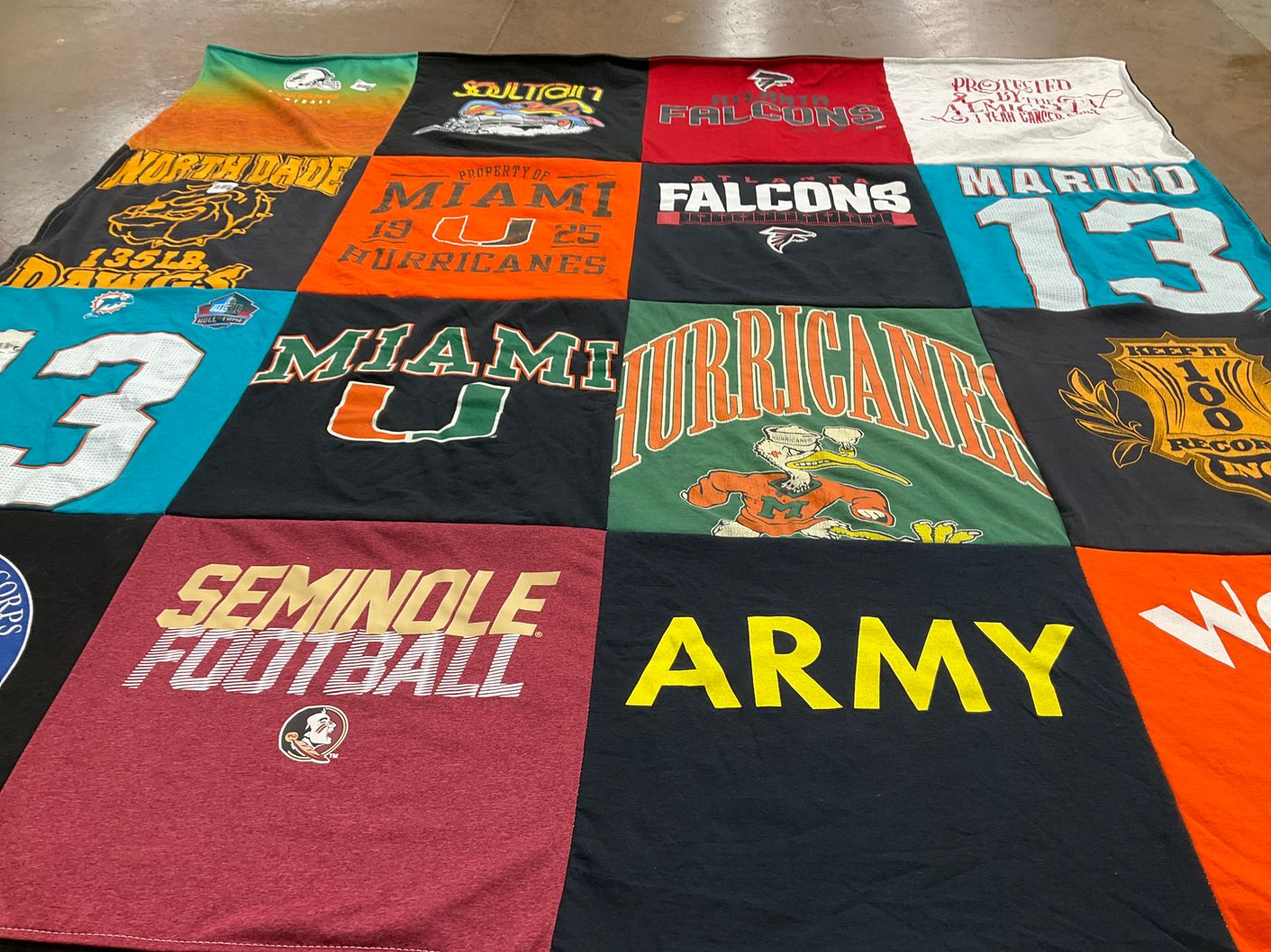T-shirt quilt featuring miami hurricanes, seminoles by Linnette from GA